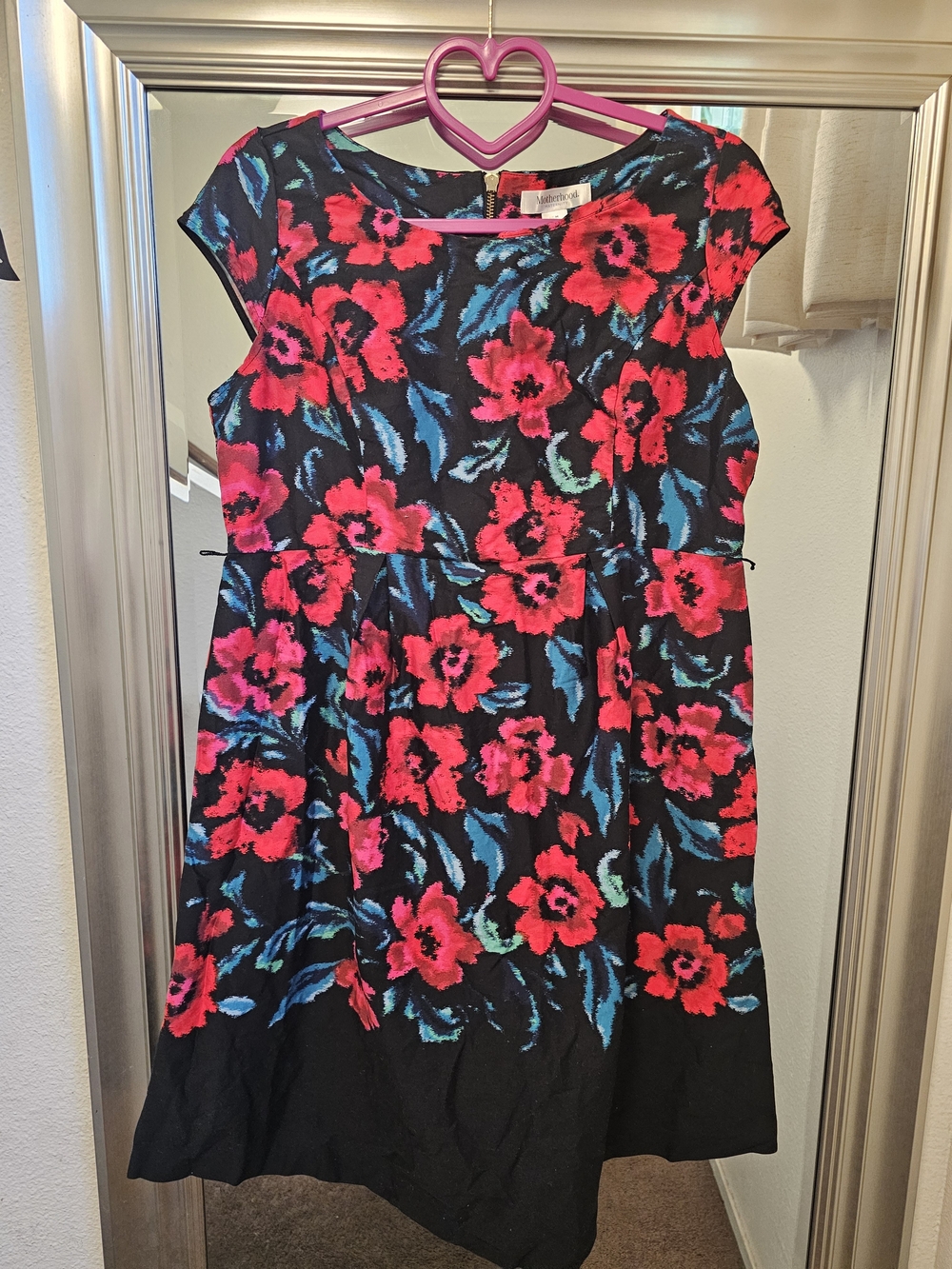 Motherhood Maternity Black Midi Dress with Red & Blue Floral Print
